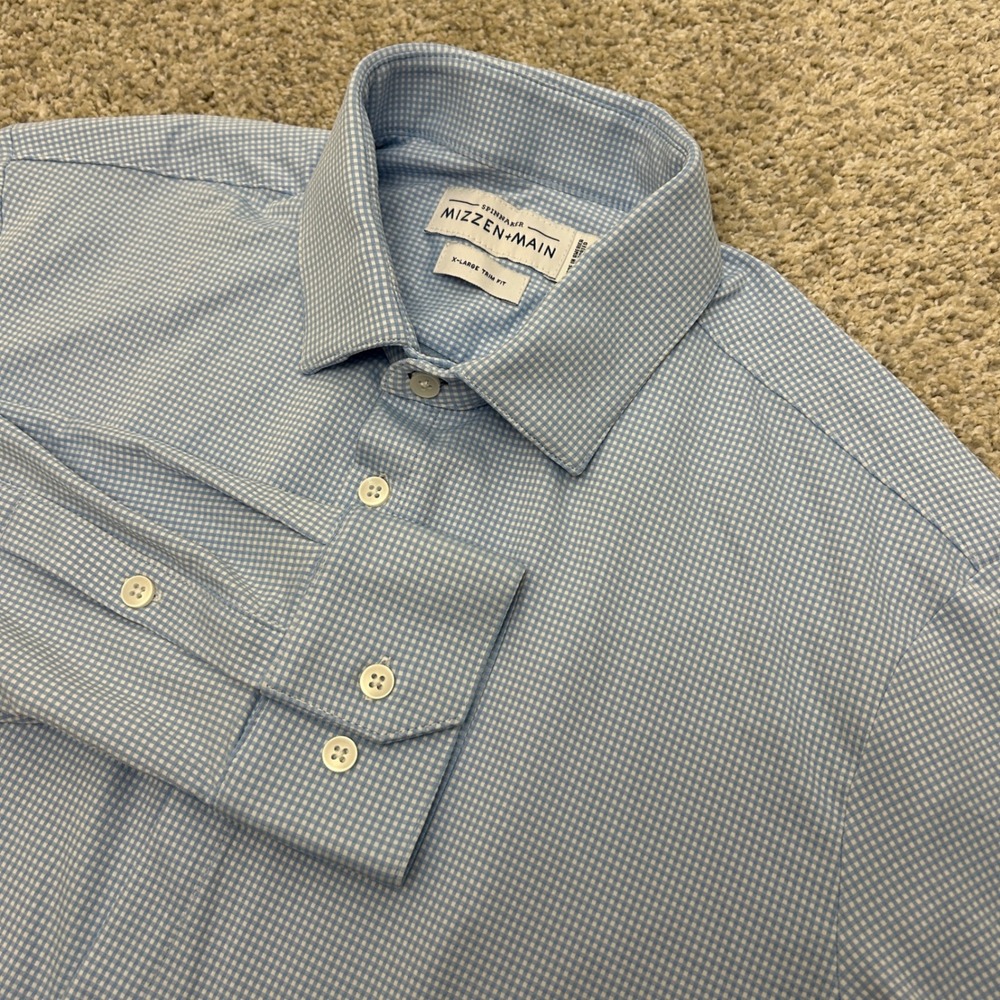 Mizzen Main Spinnaker Leeward Shirt XL Blue Gingham Trim Fit Performance Stretch